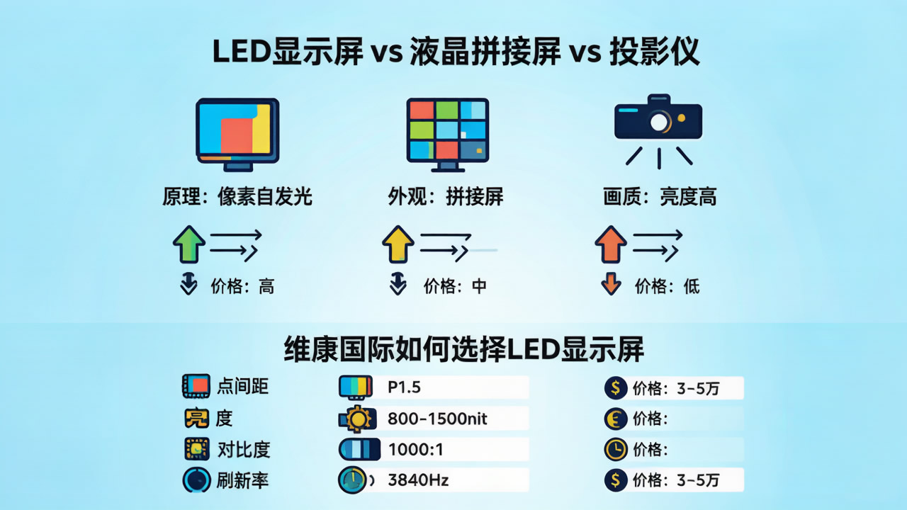 液晶拼接屏、投影仪对比信息图-维康科普